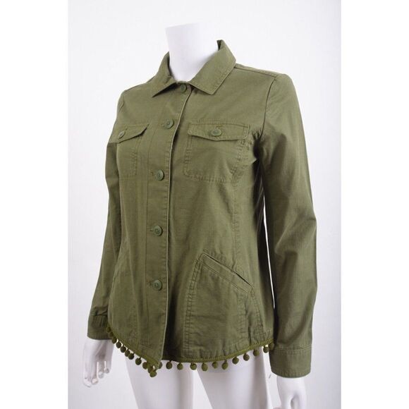 Talbots Womens Green Button Down Utility Jacket Blazer Pom Pom Detail XS - Picture 3 of 6
